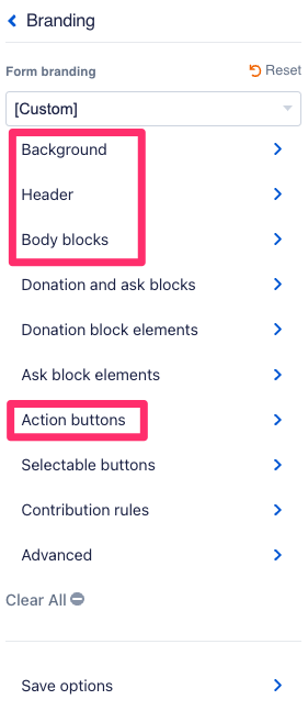 Sidebar Branding menu with sections circled. Sections include "Background", "Header", "Body Blocks", and "Action buttons." 