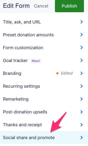 The form editor menu with an arrow pointing to "Social share and promote."