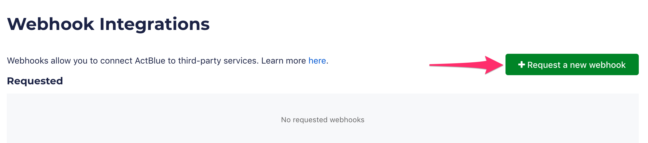 A screenshot of the Webhook Integrations page with an arrow pointing to the Request a New Webhook button