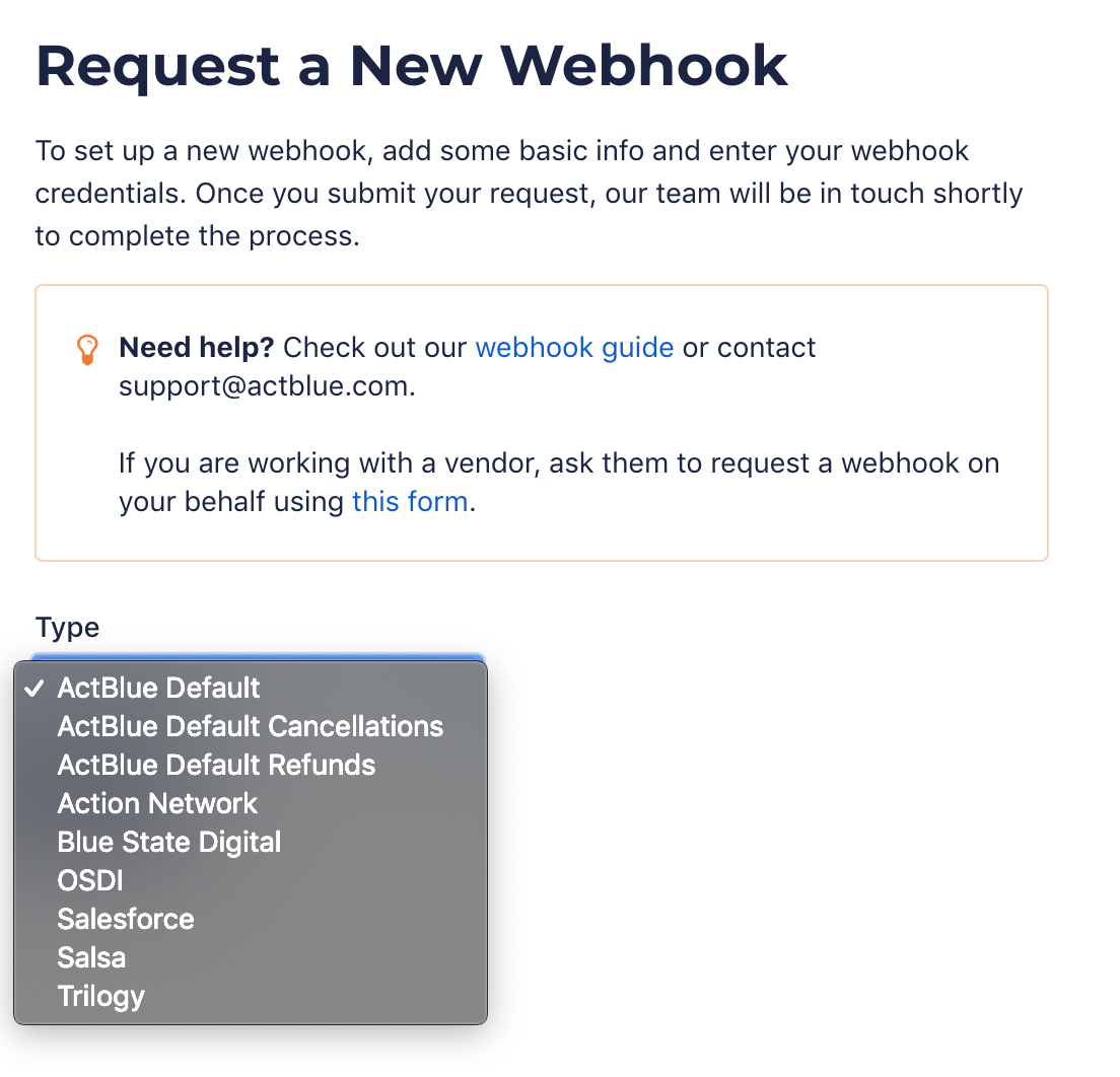 Screenshot of the Request a New Webhook page with a dropdown menu displaying the different types of webhooks you can request