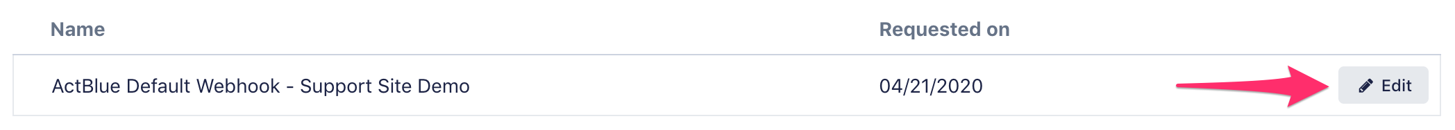 A screenshot of an example webhook with an arrow pointing to the Edit button