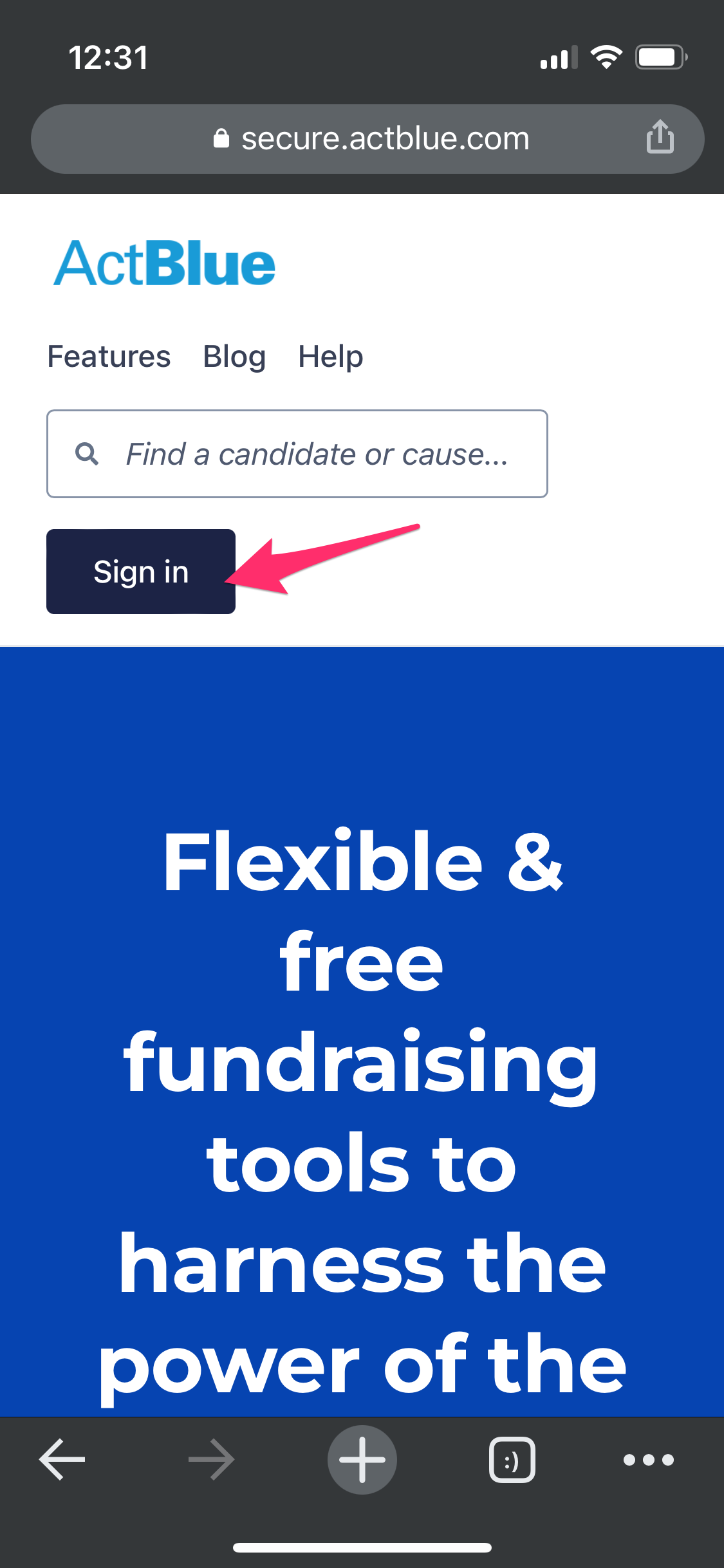 A screenshot of the ActBlue homepage on mobile. An arrow points to the 