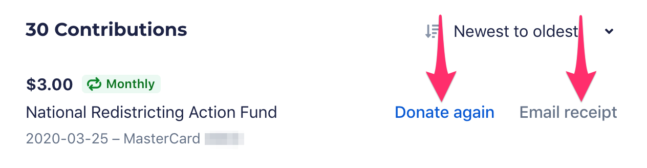 A screenshot of the Contributions History page with arrows pointing to the Donate again and Email receipt options to the right of a listed contribution.