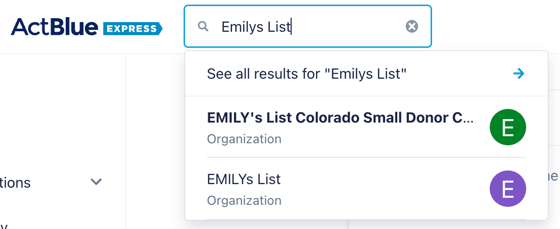 Emily's list typed into search bar with results listed