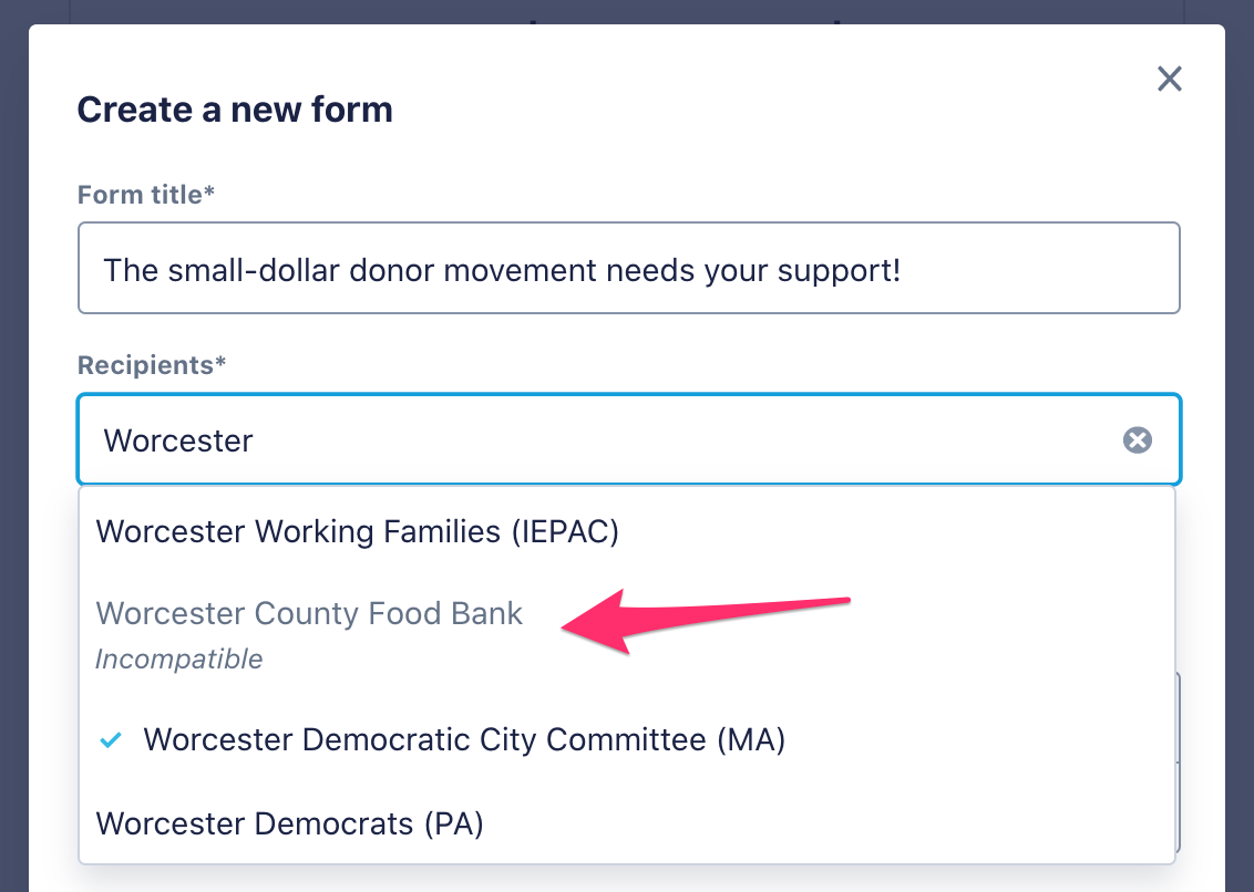 Arrowing pointing towards option in Recipients dropdown menu, labeled Incompatible