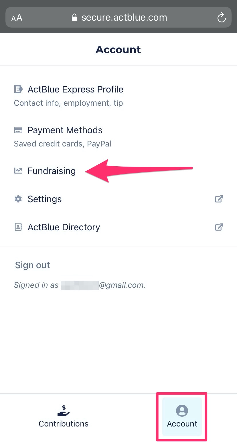 Arrow pointing towards Fundraising option in Account menu
