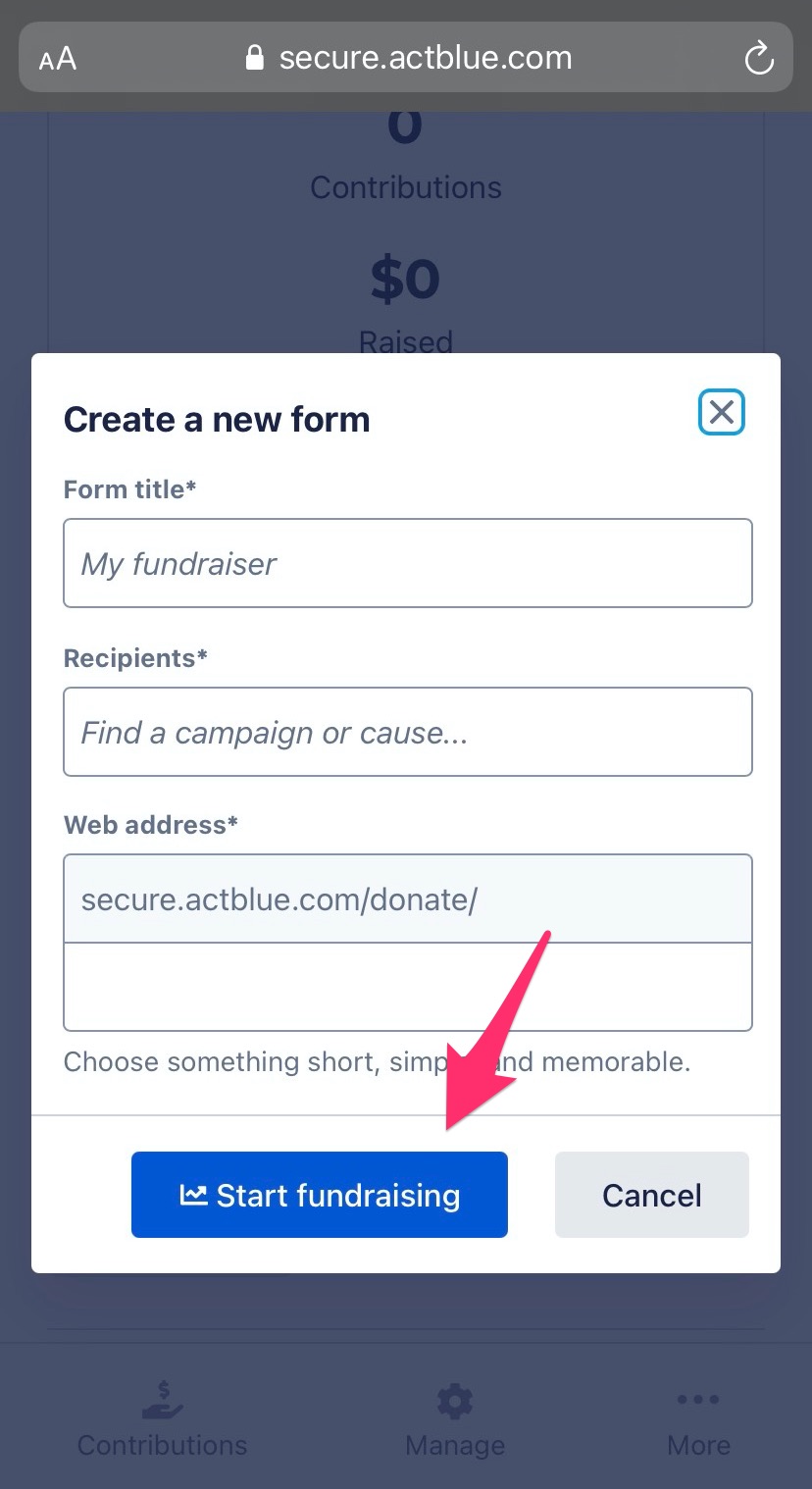 Arrow pointing towards Start fundraising button on bottom of pop-up